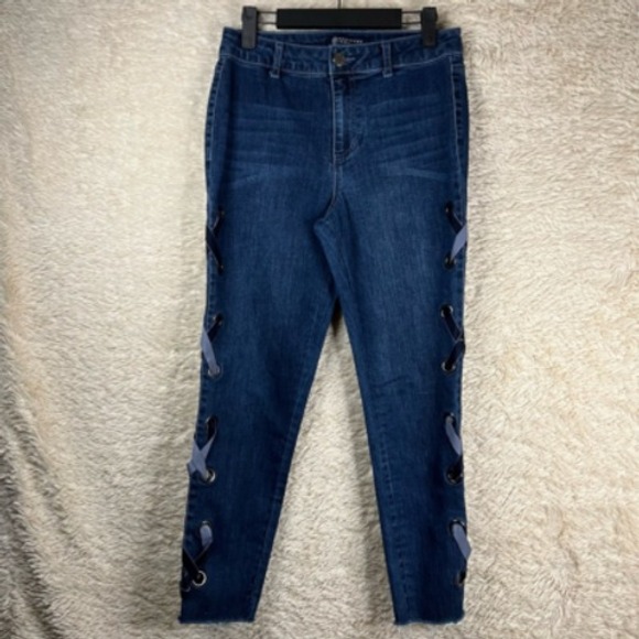 Boom Boom Womens Slim Skinny Jeans Blue Grommet Dark Wash Denim Juniors 9 - Picture 1 of 12